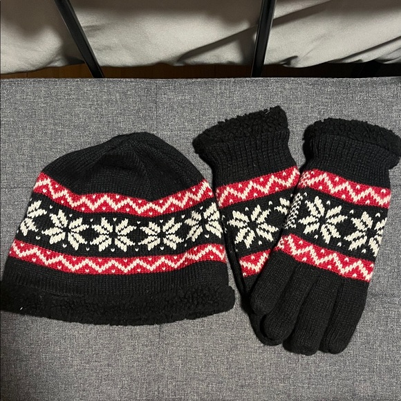 Accessories - Black and Red Snowflake Knit Hat and Gloves Set